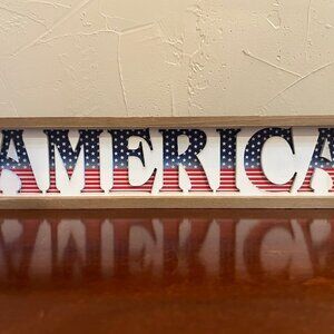Americana Patriotic "AMERICA" Wooden Sign Red White Blue Farmhouse Decor - 18" L